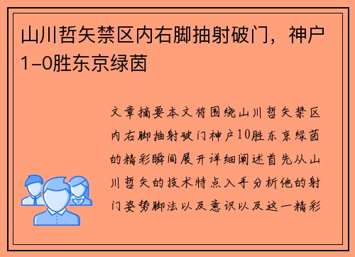 山川哲矢禁区内右脚抽射破门，神户1-0胜东京绿茵