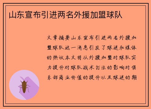 山东宣布引进两名外援加盟球队